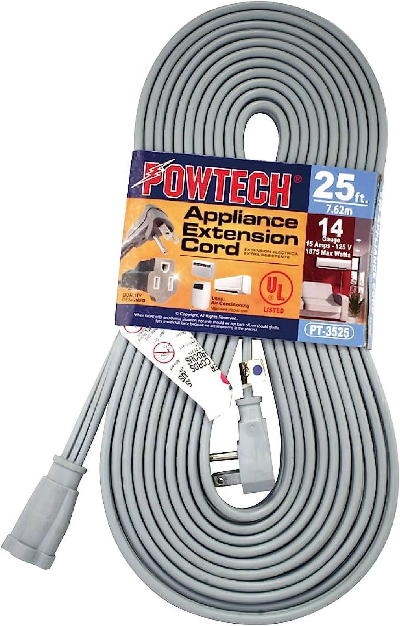 POWTECH Heavy duty 25 FT Air Conditioner and Major Appliance Extension Cord UL Listed 14 Gauge, 125V, 15 Amps, 1875 Watts GROUNDED 3-PRONGED CORD