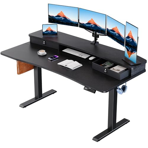 HUANUO 48″ x 24″ Electric Standing Desk with 2 Drawers, C-Clamp Mount Compatible, Height Adjustable Computer Desk, Home Office Stand Up Desk with 4 Preset Heights & 2 Hooks, Black