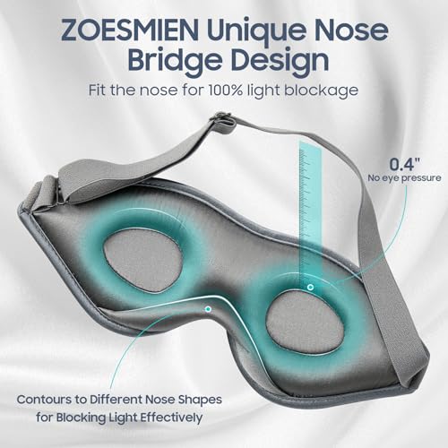 Sleep Mask Silk - 100% Mulberry Silk Eye Mask, ZOESMIEN 3D Contoured Eye Mask for Women Men, Light Blocking Side Sleeper Puffiness Dry Eyes, Unique Nose Bridge Design, Christmas Gift, Night Gray