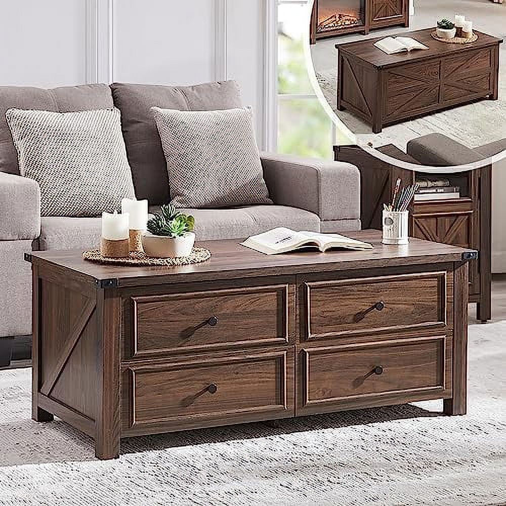 RUNFAYBIU 48\u201D Modern Farmhouse Wood Coffee Table with 4 Large  Drawers; Decorative Rustic Living Room Coffee Table; Work from Home  Office and Living Room  for Books Brwon