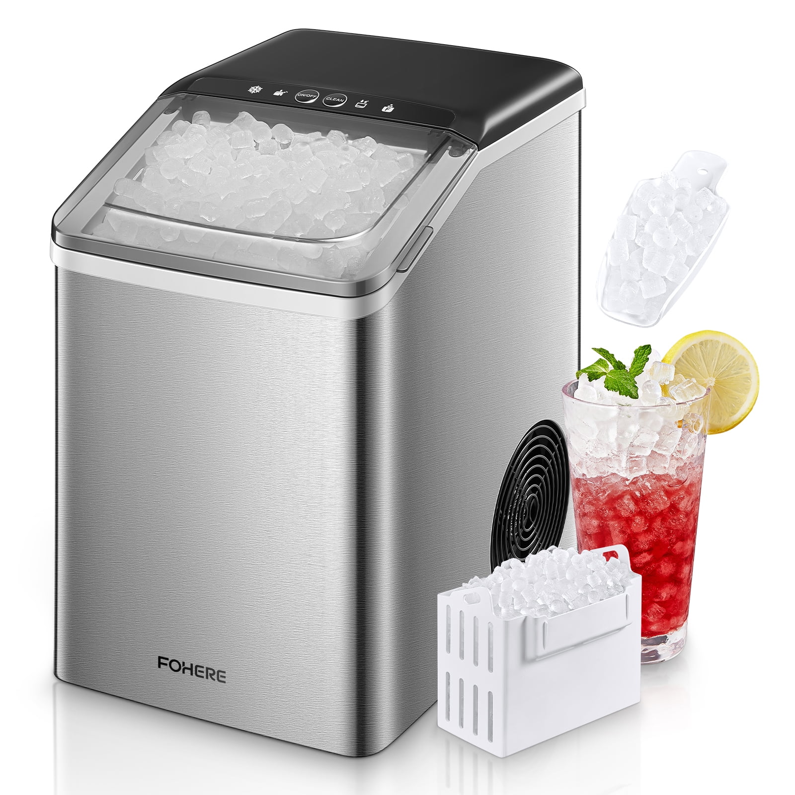 FOHERE Nugget Ice Maker Countertop, 38 Lbs In 24Hrs, Chewable Pellet Ice Cubes, Self-Cleaning Ice Machine, Stainless Steel Housing, Portable Ice Maker Machine With Ice Scoop And Basket For Home/Kitche