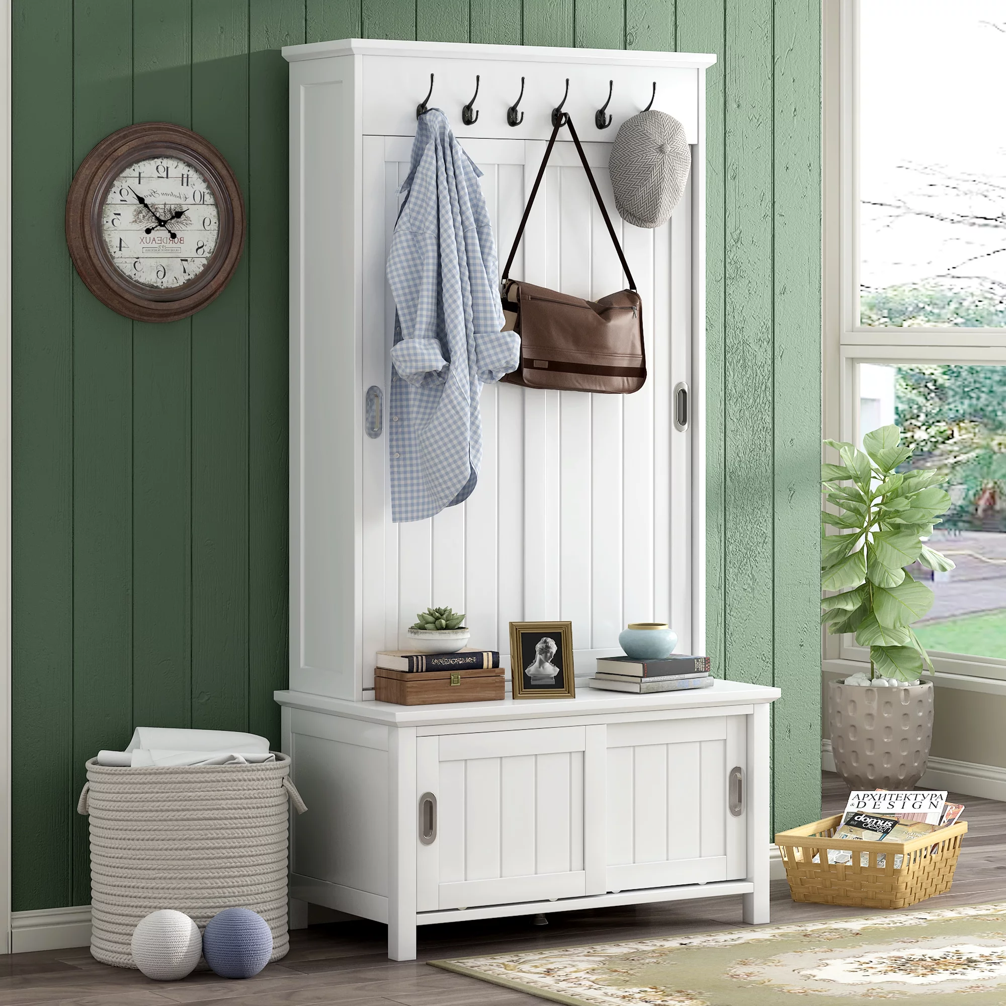 CoSoTower Multifunctional Hall Tree with Sliding Doors, Wooden Hallway Shoe Cabinet with Storage Bench and Shelves, Mudroom Coat Storage with Hanging Hooks for Entryways, White