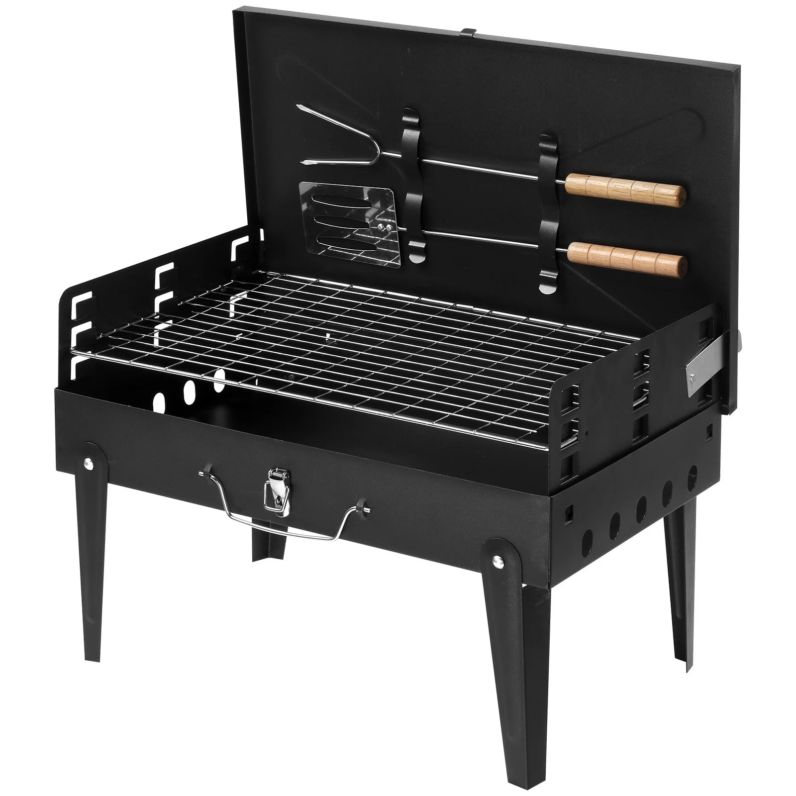 Oufan Portable Square Charcoal Grill With Fork and Shovel for Outdoor Kitchen & Backyard Barbecue, Black