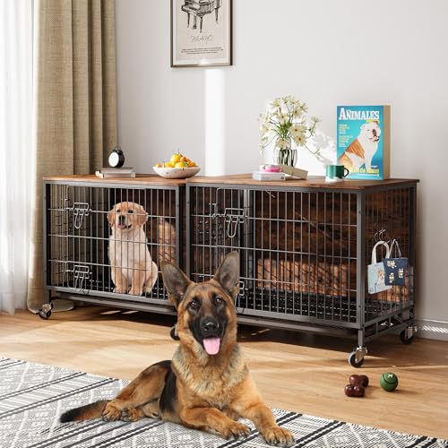 Heavy Duty Metal Dog Crate, Indoor Outdoor Pet Kennel Cage with Shelves, Storage Cabinet, Modern Decorative Dog Cage Furniture, Large Small Medium Puppy House for Home, Brown, Black