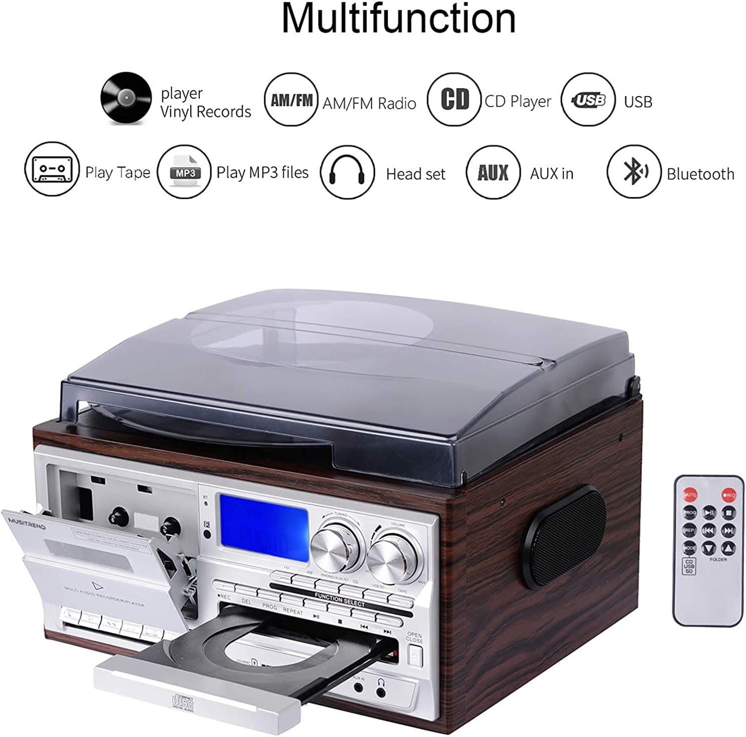 MUSITREND Record Player 9 in 1 3 Speed Bluetooth Vintage Turntable CD Cassette Vinyl Player AM/FM Radio USB/SD Encoding Aux-in RCA Line-Out