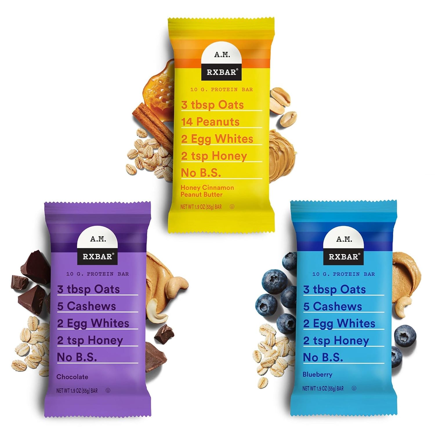 RXBAR A.M. Protein Bars, Variety Pack, Gluten Free Snacks, Breakfast Snacks, 22.8oz Box (12 Bars)
