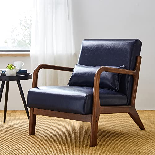 Glitzhome 2 Set Mid Century Black Accent Armchair, Single Reading Armchair PU Leather Lounge Chair with Walnut Ruberwood Frame