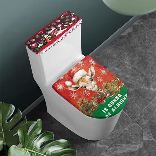 Christmas Toilet Lid Cover and Toilet Tank Lid Cover Set Santa Claus Bathroom Toilet Seat Covers Machine Washable Polyester Fabric Toilet Protector-Brown