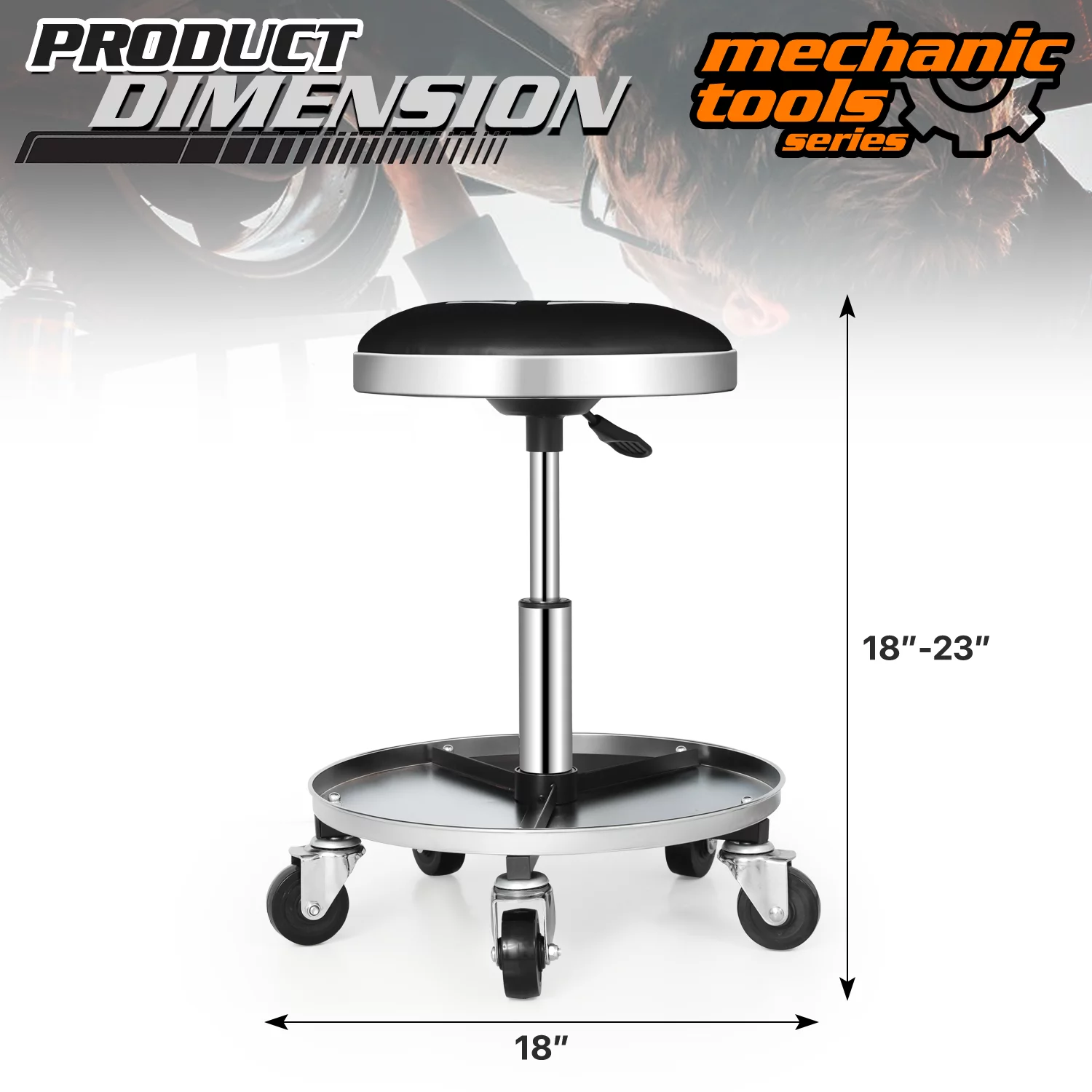 M-AUTO Heavy-Duty Adjustable Mechanic's Roller Seat Rolling Stool with Wheels & Tool Tray, 300 lbs Capacity - Black