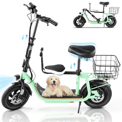 Caroma Peak 500W/800W/1200W Electric Scooter with Seat, 30 Miles Max Range Electric Scooter Adults&Teens, 48V Large Battery, 20MPH Top Speed Foldable Ebike, Adjustable E-Bike with Basket&Kid Seat