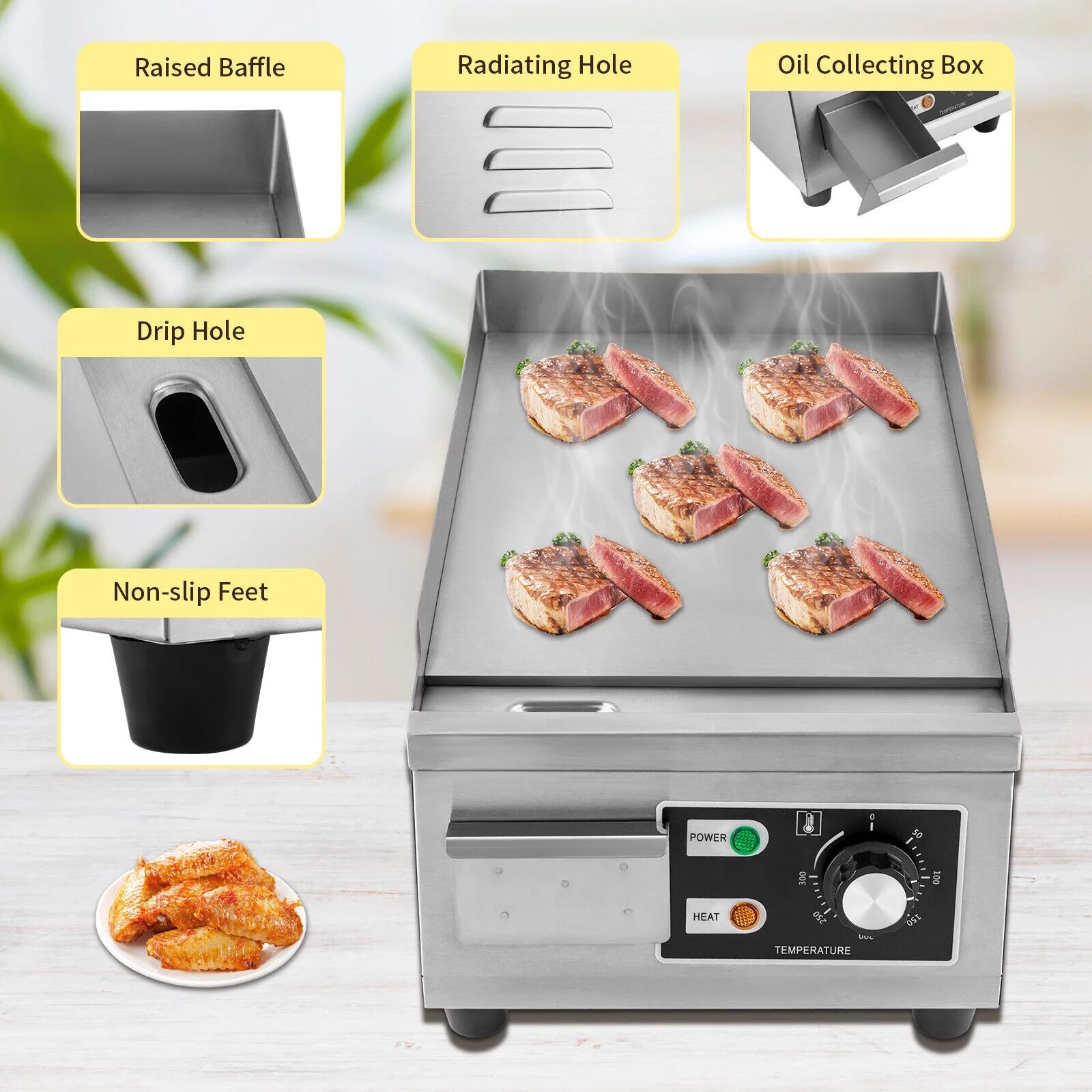 Commercial Electric Flat Top Grill Hot Plate Grill Countertop BBQ Griddle 1300W