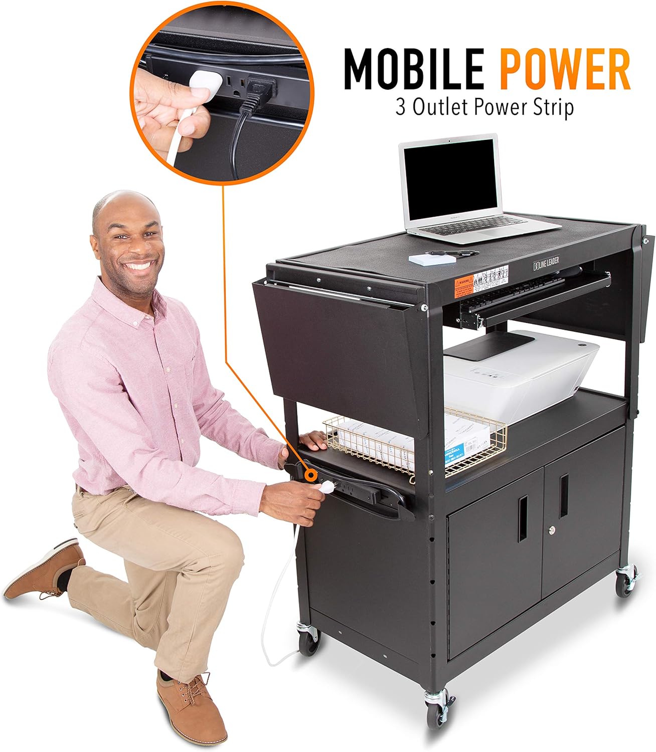 Line Leader Large AV Cart with Locking Cabinet & Drop Leaves | Height Adjustable Utility Cart | Includes Pullout Keyboard Tray & Cord Management | Easy Assembly (54in x 18in x 42in / Black)