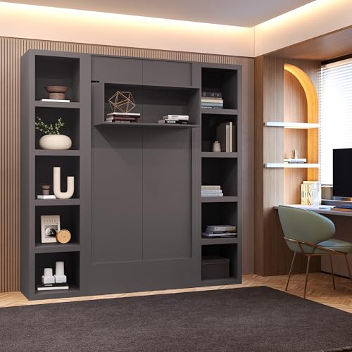 Oakland Living Easy-Lift Queen Murphy Wall Bed in Brown Wood Grain with Two Bookshelves