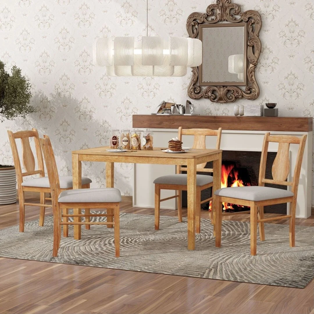 5-Piece Kitchen Dining Table Set Wooden Table and 4 Upholstered Chairs Natural Wood