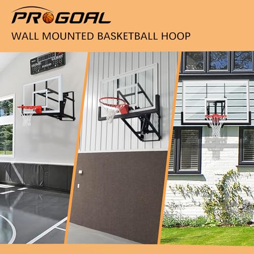PROGOAL Basketball Hoop Garage Wall Mounted Adjustable-Height, with 60''x36''Tempered Glass Backboard, Pro-Style Breakaway Rim, Durable Bracket and All Weather Net