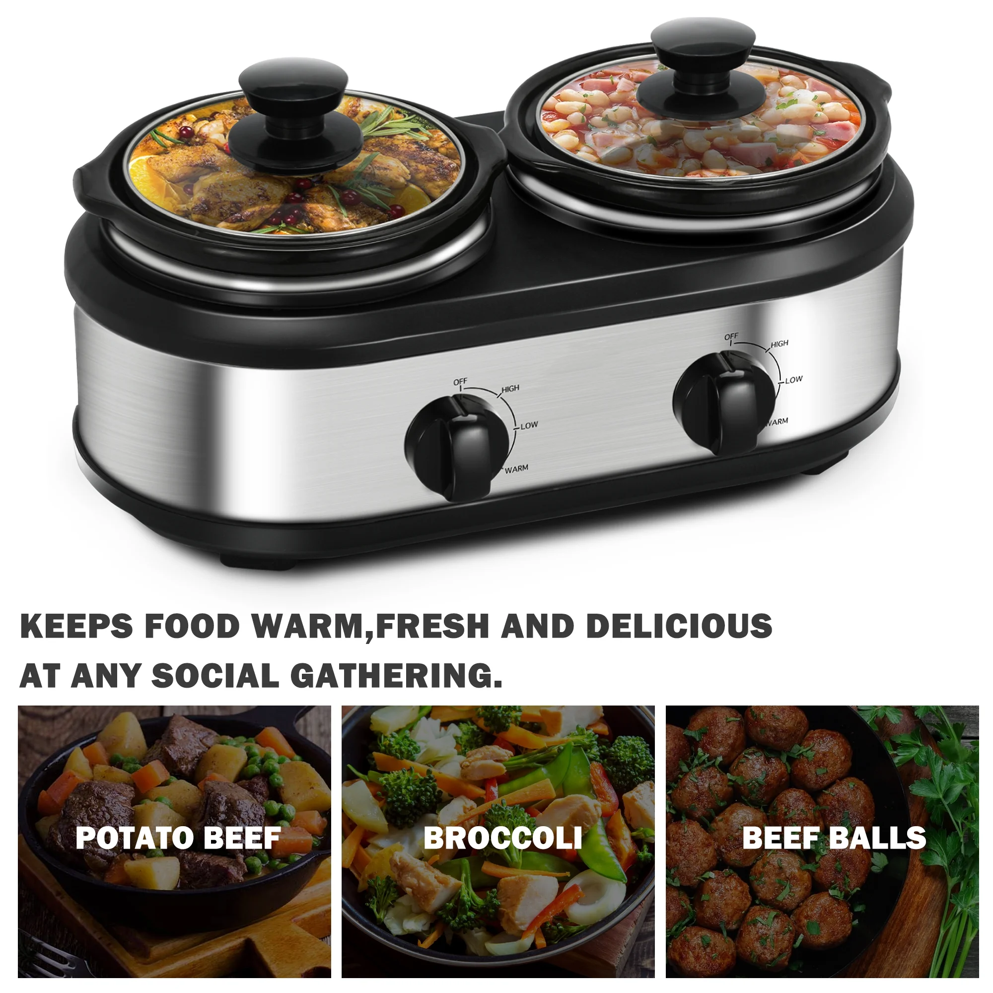 CozyHom 2.5QT Dual Pot Slow Cooker Electric Food Warmer With Adjustable Temp Stainless Steel Removable Pots Lid Rests Crock Pot