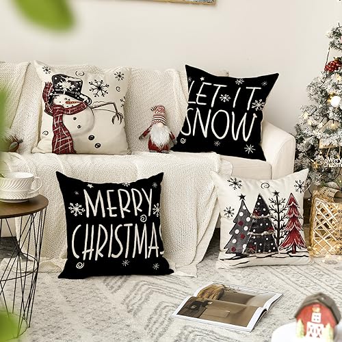 AVOIN colorlife Merry Christmas Snowman Let It Snow Throw Pillow Covers, 18 x 18 Inch Xmas Tree Winter Holiday Cushion Case Decoration for Sofa Couch Set of 4