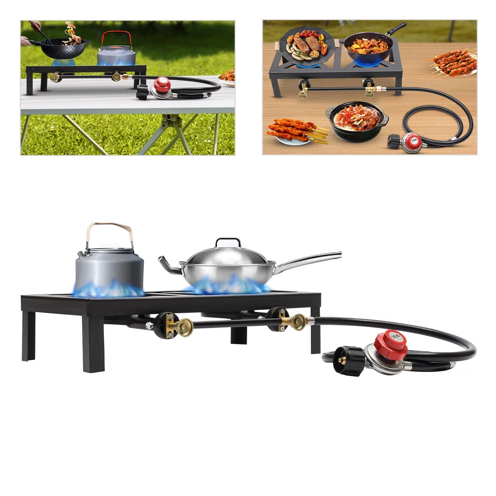 Double Propane Gas Burner Stove Camping BBQ Cooker Cooking with Regulator Hose