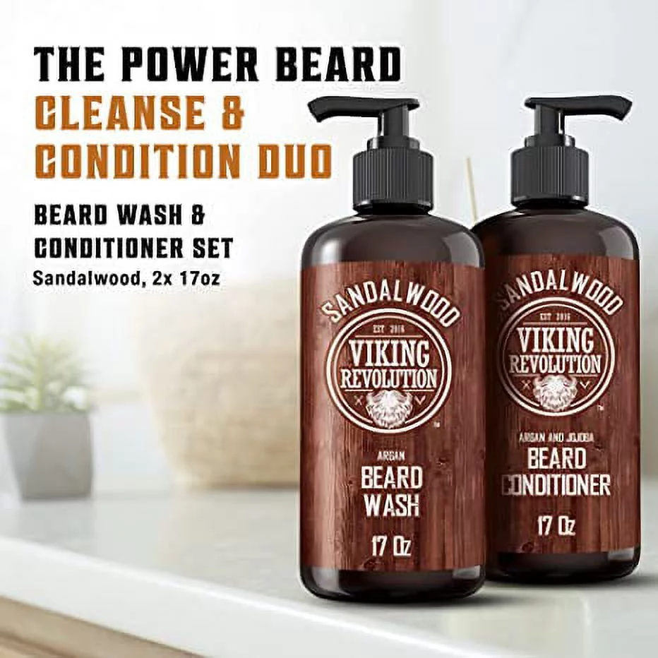 Viking Revolution - Beard Wash & Beard Conditioner - Beard Shampoo & Beard Oil - Sandalwood, 34 Oz