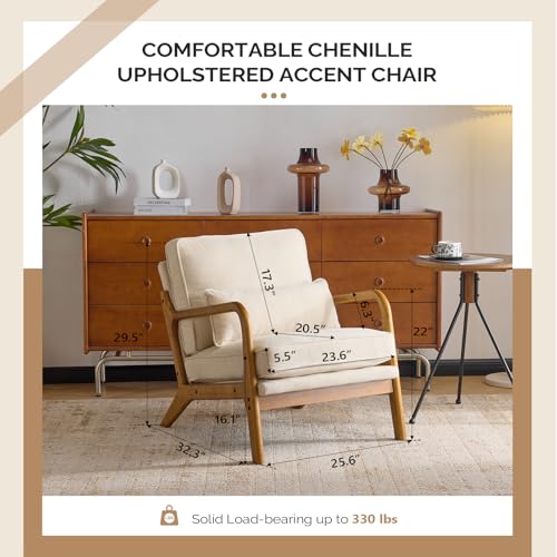 VINGLI Chenille Mid-Century Modern Accent Chair, Cute Reading Arm Chair with Cushion & Lumbar Pillow & Solid Wood Frame for Lounge, Living Room, Reading Room, Bedroom,Cream