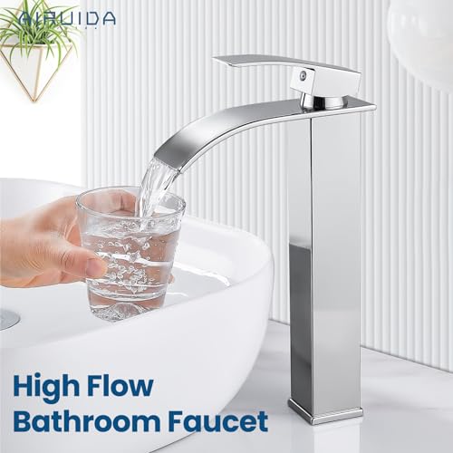 Airuida Brushed Gold Tall Waterfall Bathroom Vessel Sink Faucet Modern Bathroom Vanity Faucet Single Handle Single Hole Farmhouse Bar Mixer Tap Washbasin Faucet Deck Mount