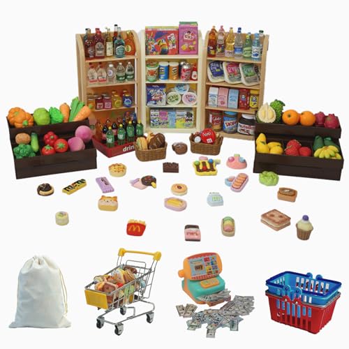 180Pcs Mini Shopping Cart Playset - Pretend Grocery Dollhouse Accessories Toys with Miniature Cash Register, 2 Fruit-Veggie Stands, 3 Shelves, 100+ Play Food - Educational Role Play Toys for Toddlers