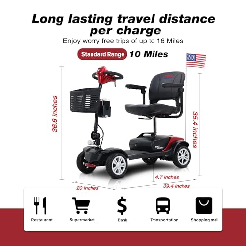 Outdoor Compact Mobility Scooter for Seniors, Foldable Electric Powered Mobile Wheelchair with Basket & Cup Holder 300 LBS Max Weight, Collapsible & Compact for Travel with Family (Red)