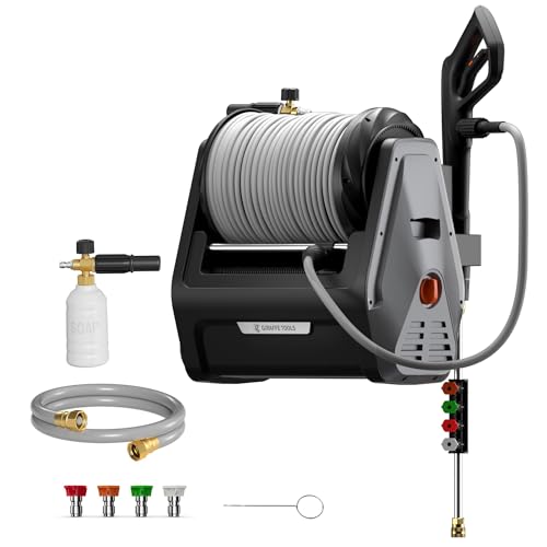 Giraffe Tools Grandfalls Pressure Washer Plus+, Electric Wall Mount Power Washer with 100FT Ultra-Soft Pressure Hoses, 2900PSI, 2.2GPM, 4 Nozzles, Foam Cannon for Cars/Patios, Dark Silver