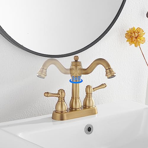 GGStudy 360° Swivel Antique Brass Bathroom Vessel Sink Faucet Single Handle One Hole Matching with Pop Up Drain