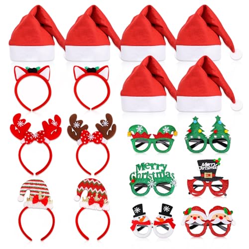 52 Pcs Christmas Photo Booth Props Kit, 20Pcs Glitter Eyeglasses Frame Hats Hairhoop and 32Pcs DIY Selfie Pose Signs for Xmas Party Decoration, Funny Christmas Holiday Party Favor Supplies for Adults