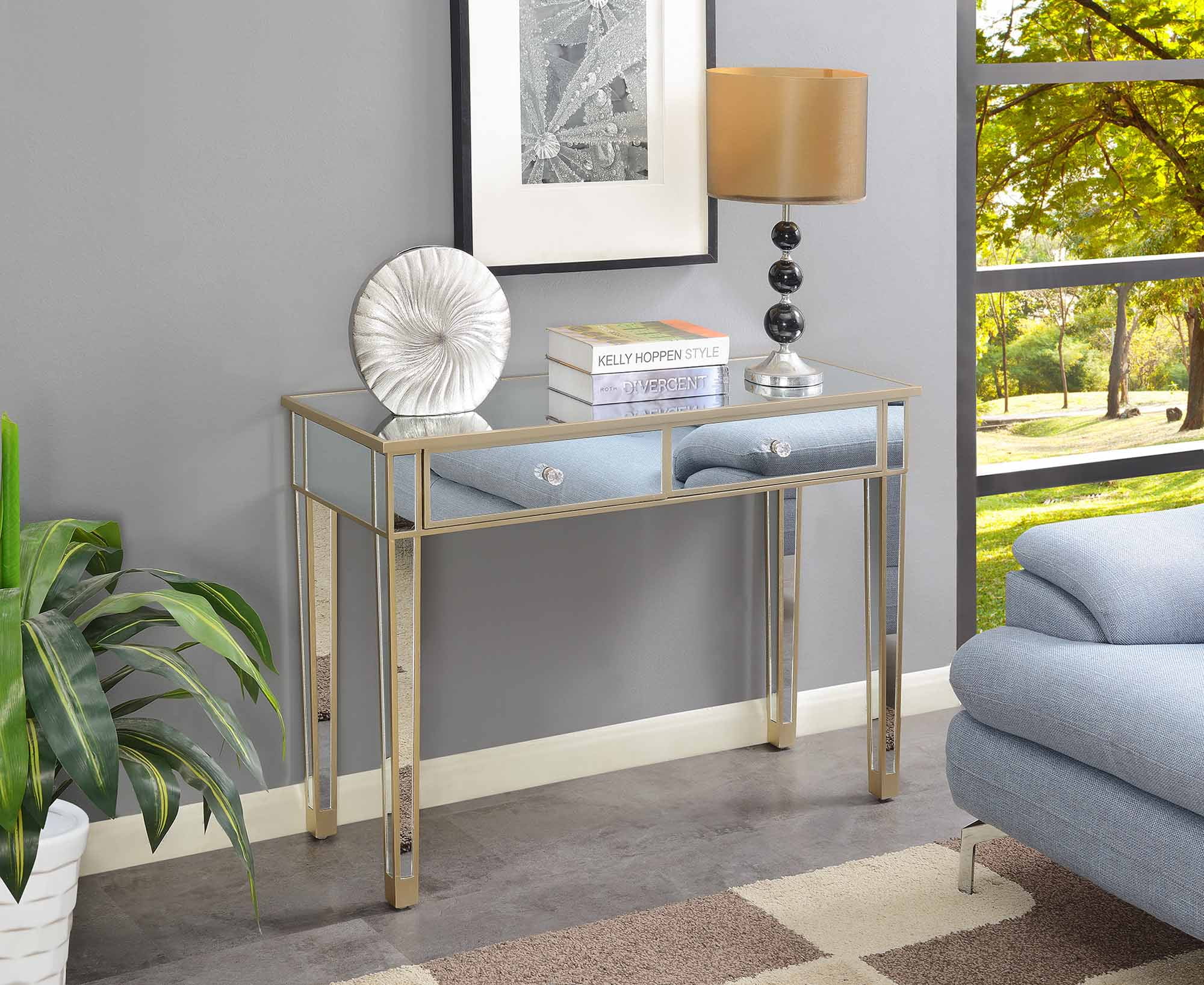 Convenience Concepts Gold Coast Mirrored 2 Drawer Desk, Console, Vanity, Champagne/Mirror