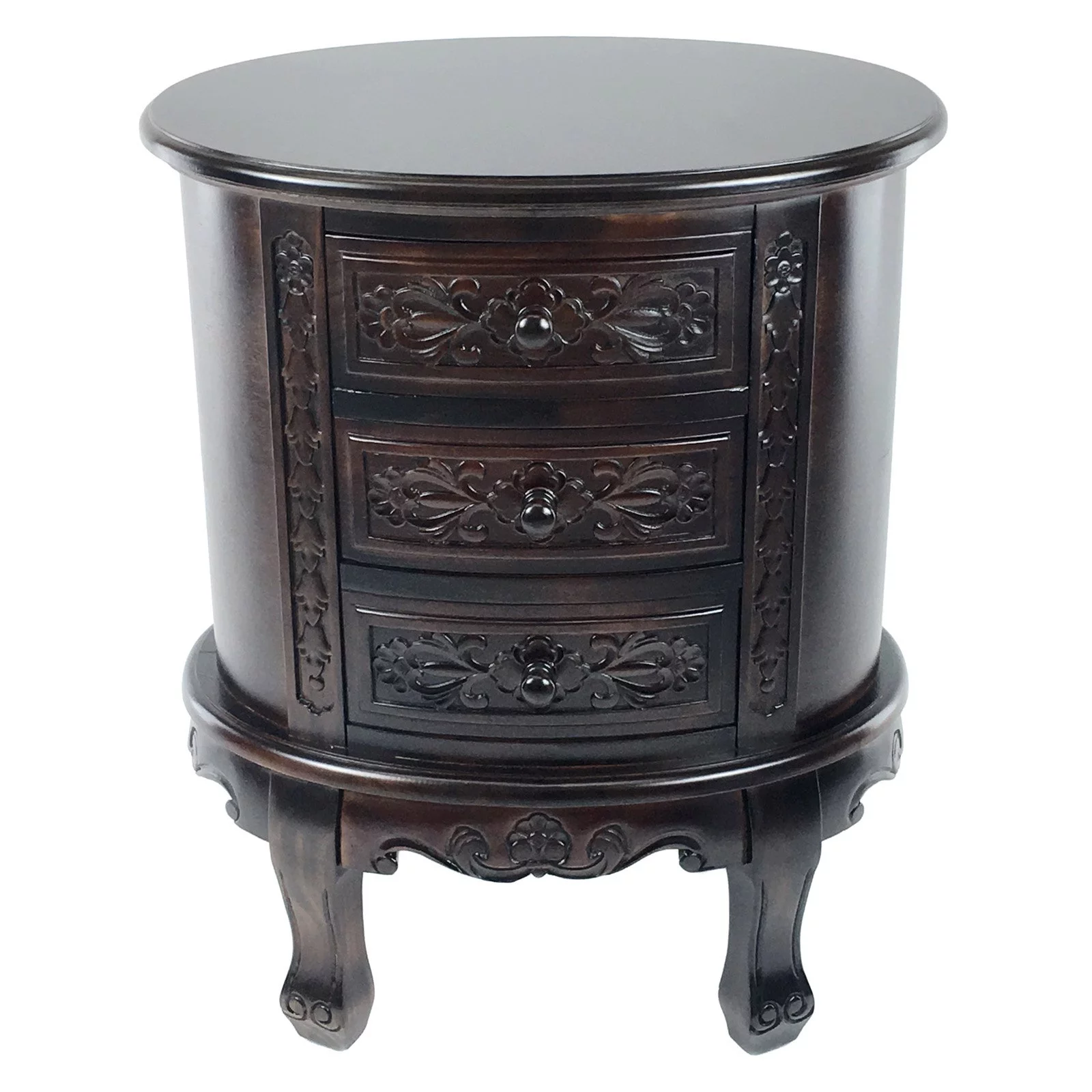 Wooden Chest with 3 Drawer and Scrolled Details, Dark Brown- Saltoro Sherpi