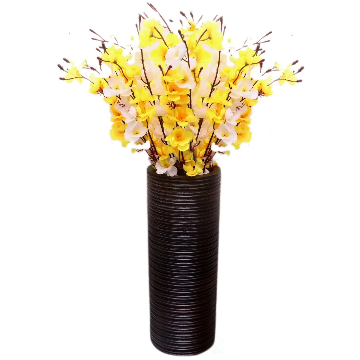 Brown Decorative Contemporary Mango Wood Ribbed Design Cylinder Shaped Vase