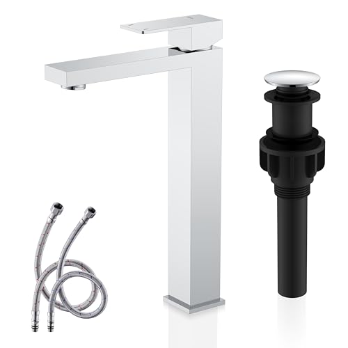 KENES Brushed Nickel Vessel Sink Facuet Single Handle Tall Bathroom Sink Faucet Vanity Bathroom Faucet Basin Mixer Tap with Water Supply Hose and Pop Up Sink Drain, LJ-9031A