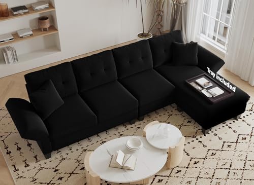 Belffin Velvet Sectional Couch L Shaped Sofa 4 Seater Sofa with Chaise L-Shaped Couches Convertible Sectional Sofa Black