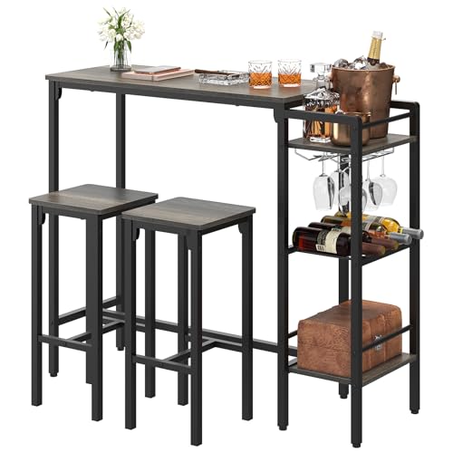 Weehom Bar Table and Chairs Set for Small Kitchens and Apartments - Space-Saving Dining Table Set for 2, 3 Storage Shelves with Bulit-in Wine Rack, Dining Room Breakfast Nook Table Set, Gray
