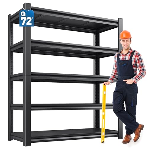 REIBII Garage Shelving 3000 LBS Storage Shelves Adjustable Metal Garage Shelves 5 Tier Heavy Duty Shelving Units and Storage Rack Shelf for Garage, Basement, 72