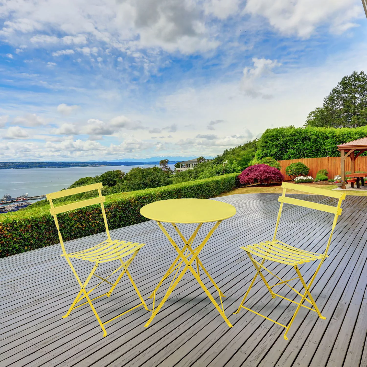 Violet 3 Piece Porch Portable Furniture Set – Two Steel Frame Comfy Chairs With a Solid Coffe Table - Yellow