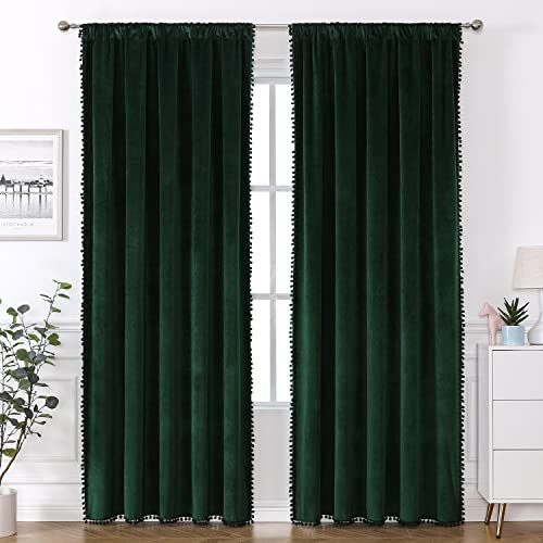 Pompom Velvet Curtains for Bedroom Rod Pocket 52x96 inch Soft Blackout Window Curtains Room Darkening Drape Light Blocking for Living Room 2 Panels,Black