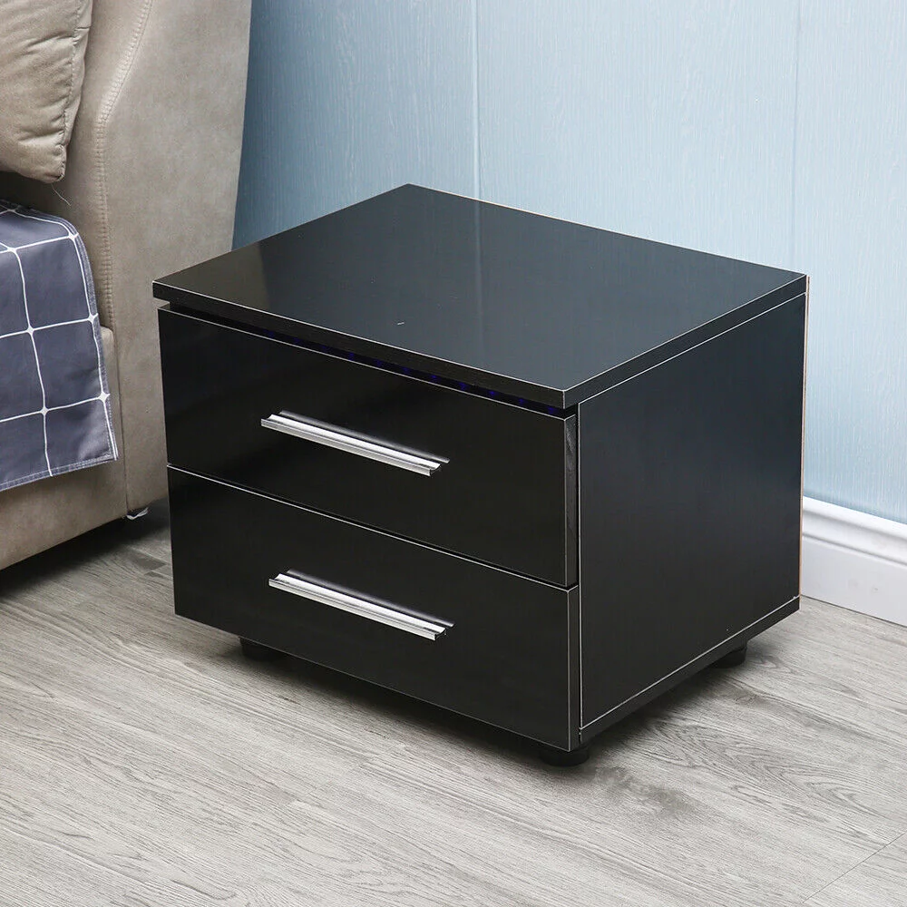 Modern High Gloss Nightstand 2 Drawers Bedside End Table Bedroom w/RGB LED Light