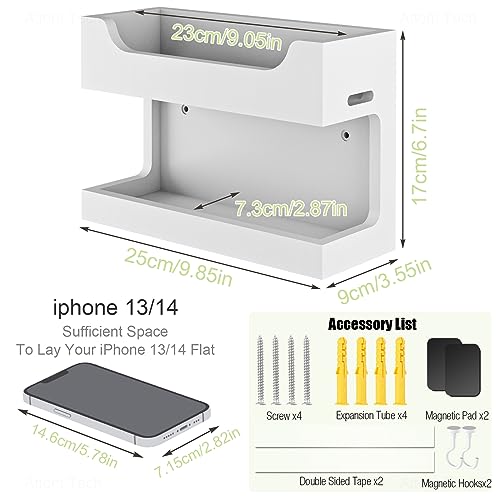 NiHome Wall Mounted Wooden Bedside Accessories Organizer, Double Tray Bedside Wall Storage Shelf Rack with Magnetic Hooks,Bedroom Dorm RV Wall Caddy Holder for Phone Glasses Alarm Clock Remote (White)