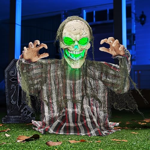 JOYIN Halloween Animatronics Decorations Outdoor, Animated Zombie Groundbreaker Outside Decor, 25’’ Groundbreaker Skeleton Prop with Moving Arms & Green Light, Lawn Yard Haunted House Graveyard Decor