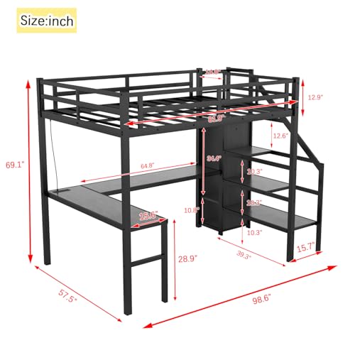Twin XL Industrial Metal Loft Bed with L-Shaped Desk, USB, LED, Wardrobe, Adjustable Shelves, and Stairs (Black)