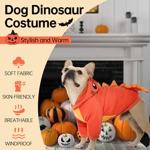 QBLEEV Dog Dinosaur Costume, Dog Halloween Costume with Hood, Winter Warm Pullover Clothes for Cold Weather, Funny Party Cosplay Coat Sweatershirt, Soft Knit Pet Outfit for Small Medium Large Dogs