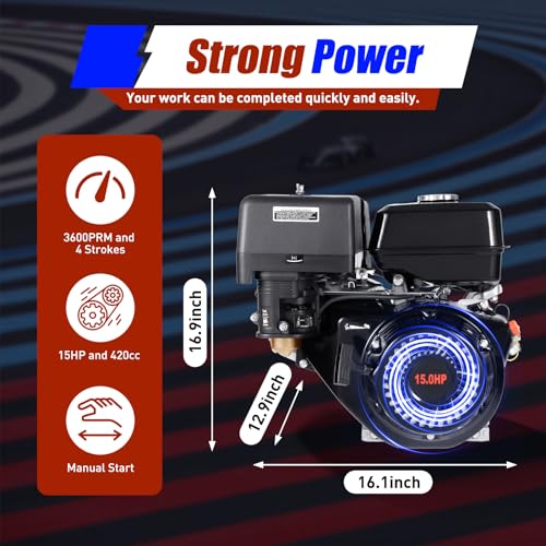 15HP 4 Stroke Air Cooled Gas Engine, 420CC Gasoline Motor Engine Recoil Start Go Kart Log Splitter Lifan Type Engine OHV Pull Start Garden Tool Gas Motor for Go Kart Lawn Mower