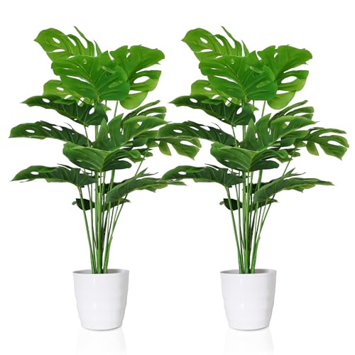SAJANDAS Set of 2 Artificial Areca Palm Plants in Pots, 32 Inch Fake Tropical Palm Trees with Greenery Leaves and Stems, Faux Floor Plants Indoor Outdoor for Office, Store, Home Decoration