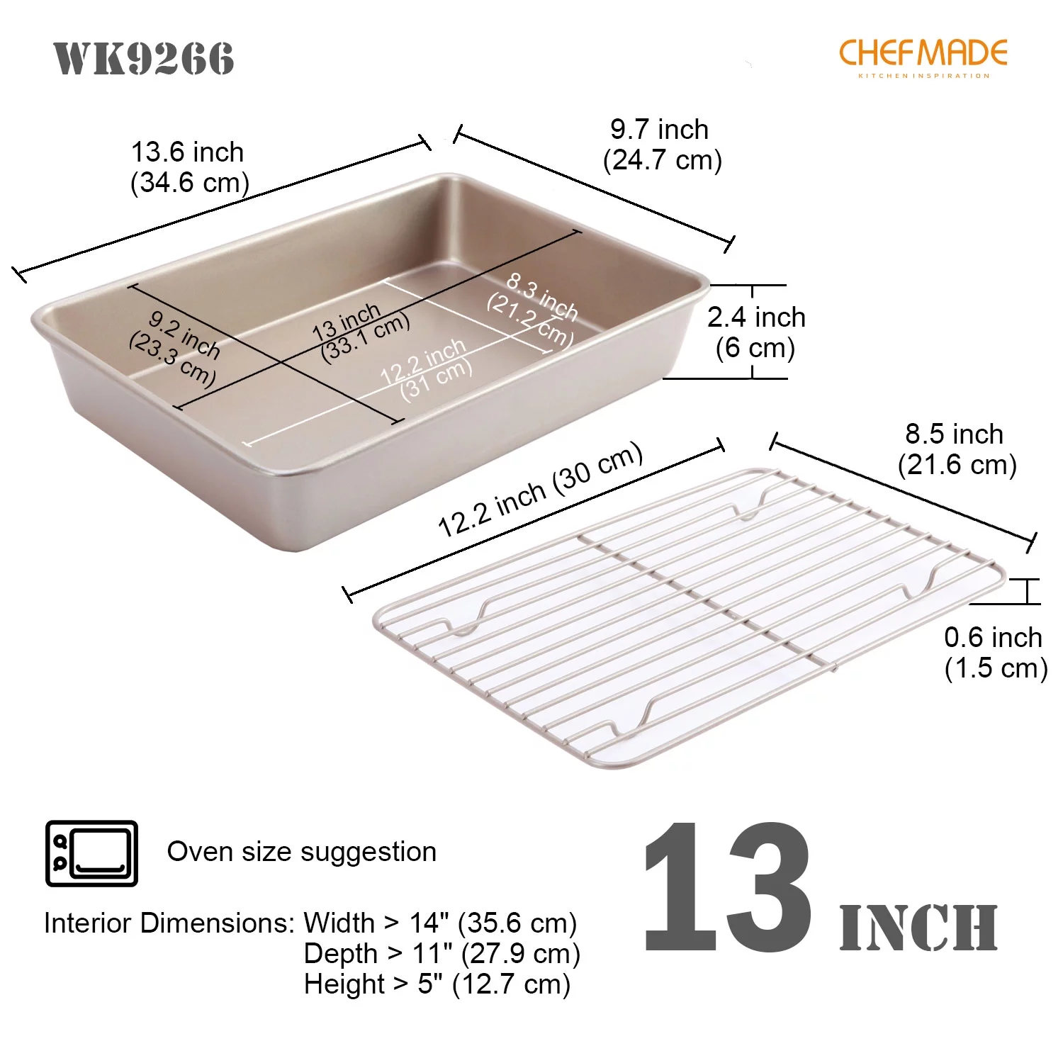 CHEFMADE Roasting Pan with Rack, 13-Inch Non-Stick Rectangular Deep Dish Oven-BBQ Bakeware for Oven Baking 9