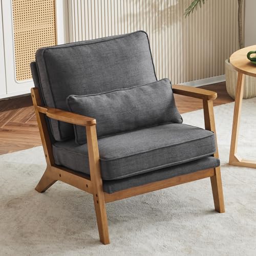 VINGLI Solid Wood Wide Armrests Accent Chair,Upholstered Mid Century Modern Chair with Pillow,Comfy Reading Chair Farmhouse Arm Chair,Chairs Living Room,Bedroom,Guest Room,Linen Fabric,Beige