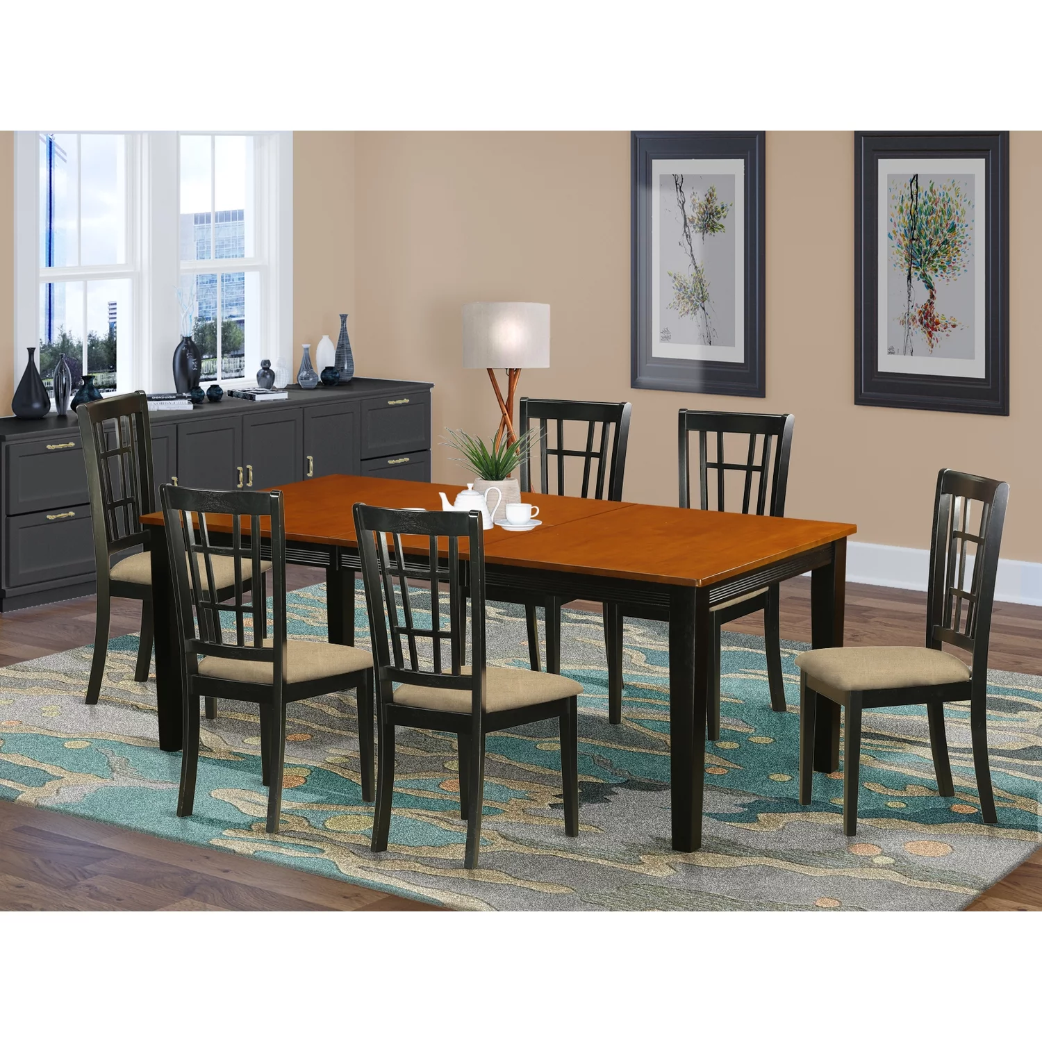 East West Furniture  9 Piece Dining Room Table Set- a Rectangle Kitchen Table and 8 Dining Chairs, Black & Cherry(Seat Options) QUNI9-BCH-C