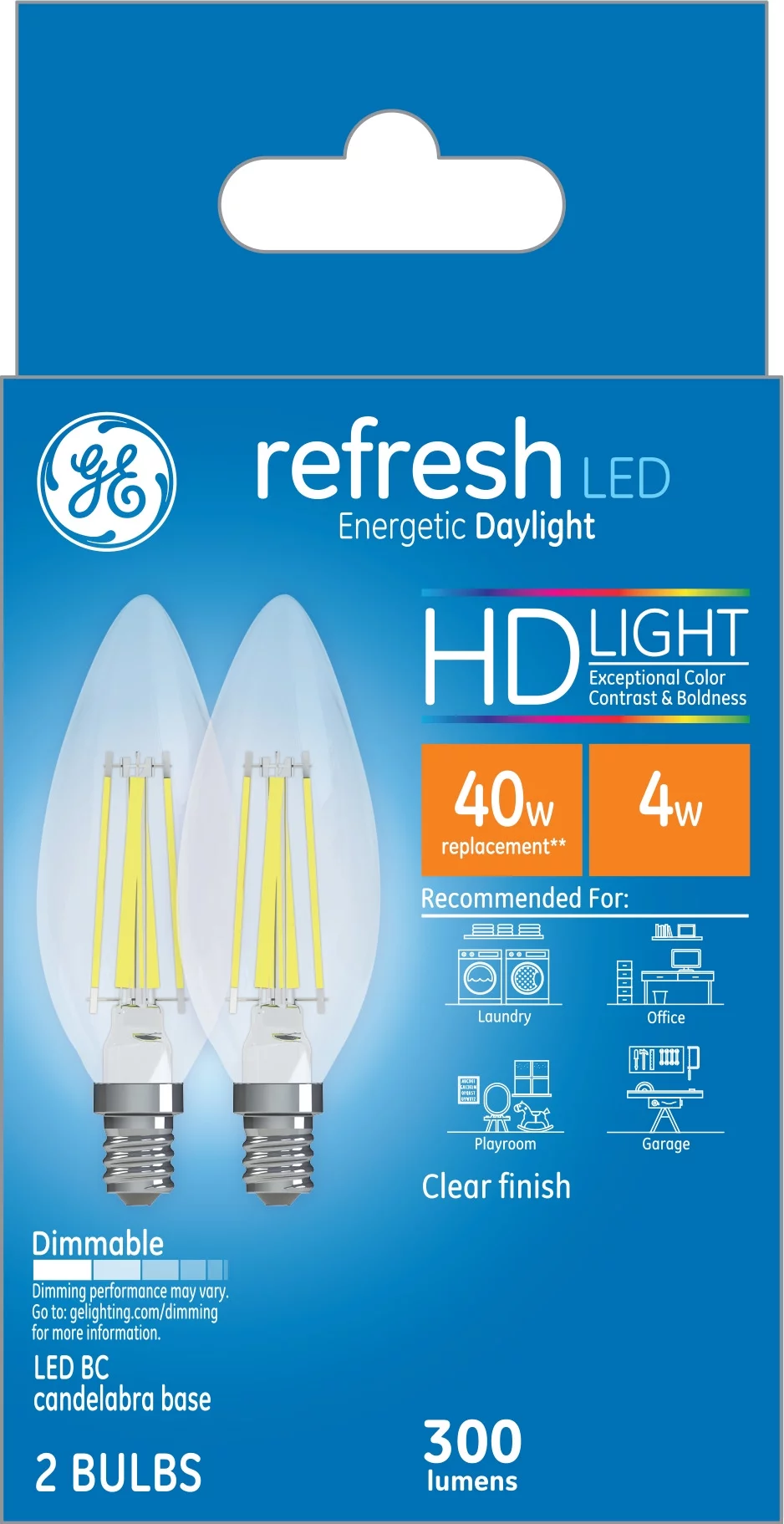 GE Refresh LED Light Bulbs, Decorative Style Bulb Shape, Daylight, 40 Watt Replacement, Candelabra Base (2 Pack)